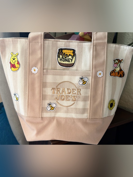 Accessories - Trader Joe's Beige & Cream Striped Tote with Winnie-the-Pooh Patches